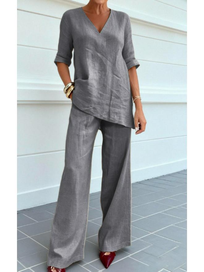 2026 European Cotton Linen Women's Casual Solid Color Two-Piece Set