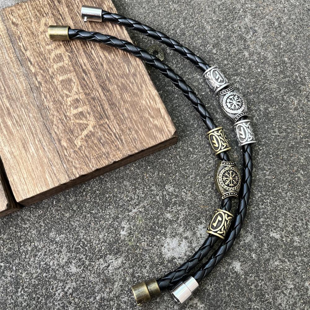 Norse Runes Beads Viking Leather Magnetic Bracelet For Men Women Adjustable Unisex Accessories