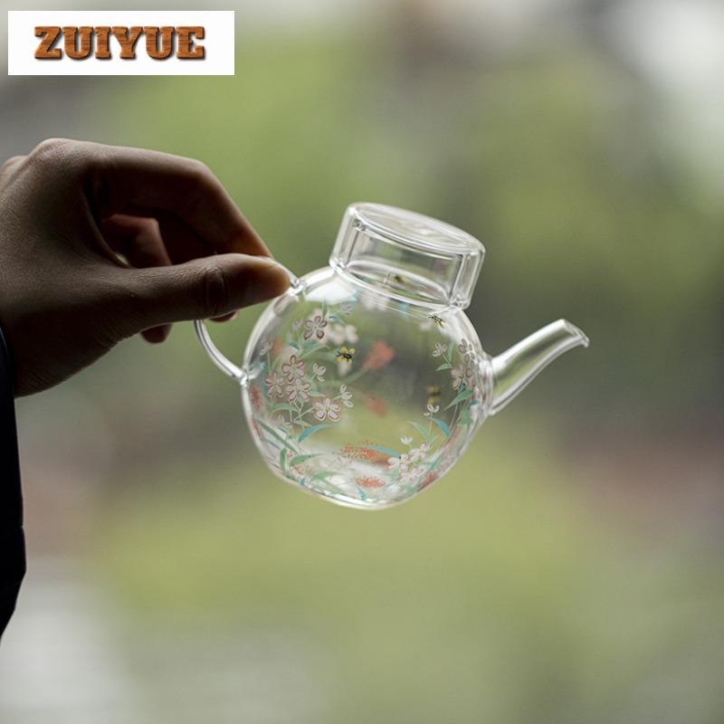 230ml Flowers Glass Teapot Traditional Tea Infuser Pot Household Tea Making Kettle With Strainer Tea Ceremony Accessories Craft