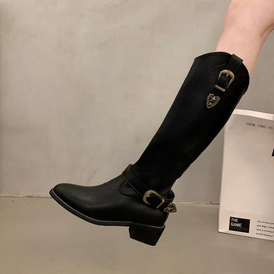 Promoción de Zapatos de Mujer   Botas de Mujer de Alta Calidad Invierno Hebilla Punta Puntiaguda Color Sólido Caña Alta Tacón Grueso Botas de Caballero