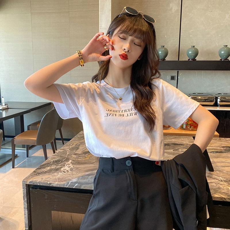 Women Summer Casual Short Sleeve O Neck Fashion Letter Printed Loose T Shirt Top