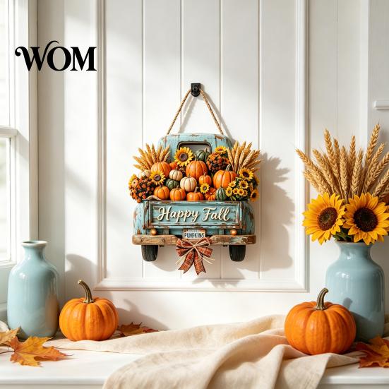 Retro Pickup Truck Decor for Home Harvest Pumpkin Hanging Sign Front Door, Wooden Fall Door with Decorative Holiday Wall Plaque Hemp Rope, Distressed