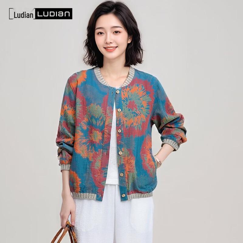 LUDIan Women s Pure Cotton Floral Print Cardigan Blouse L