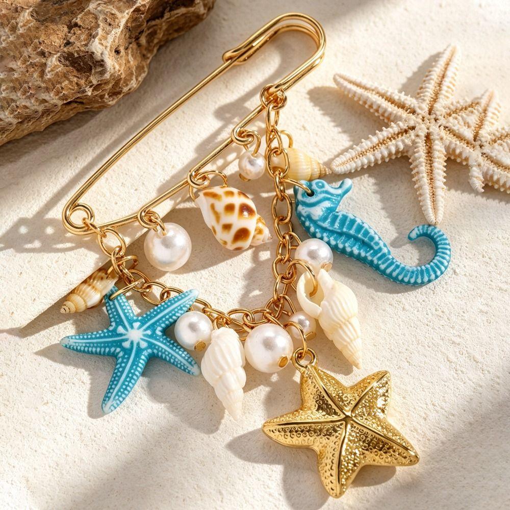 Metal Chain Tassel Imitation Pearl Brooch Gold Color Starfish Brooch Pin  For Women