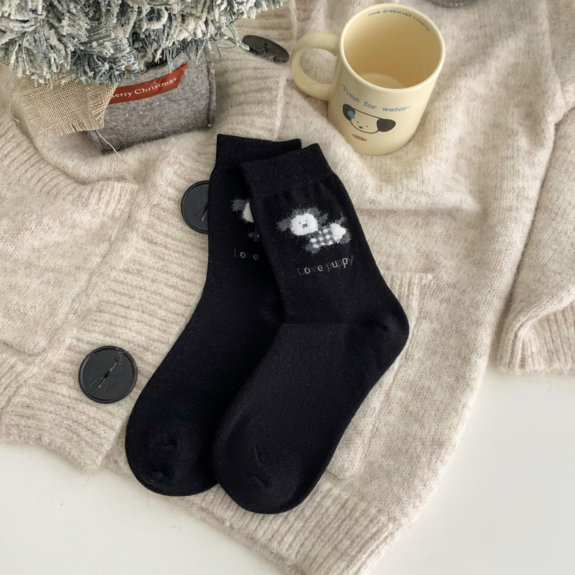 

Korean Style Gray Mid-Calf Socks with Embroidered Heart, Blue Ribbon Bow, and Sweet Ruffles - Miu-Inspired Girly Design One Size