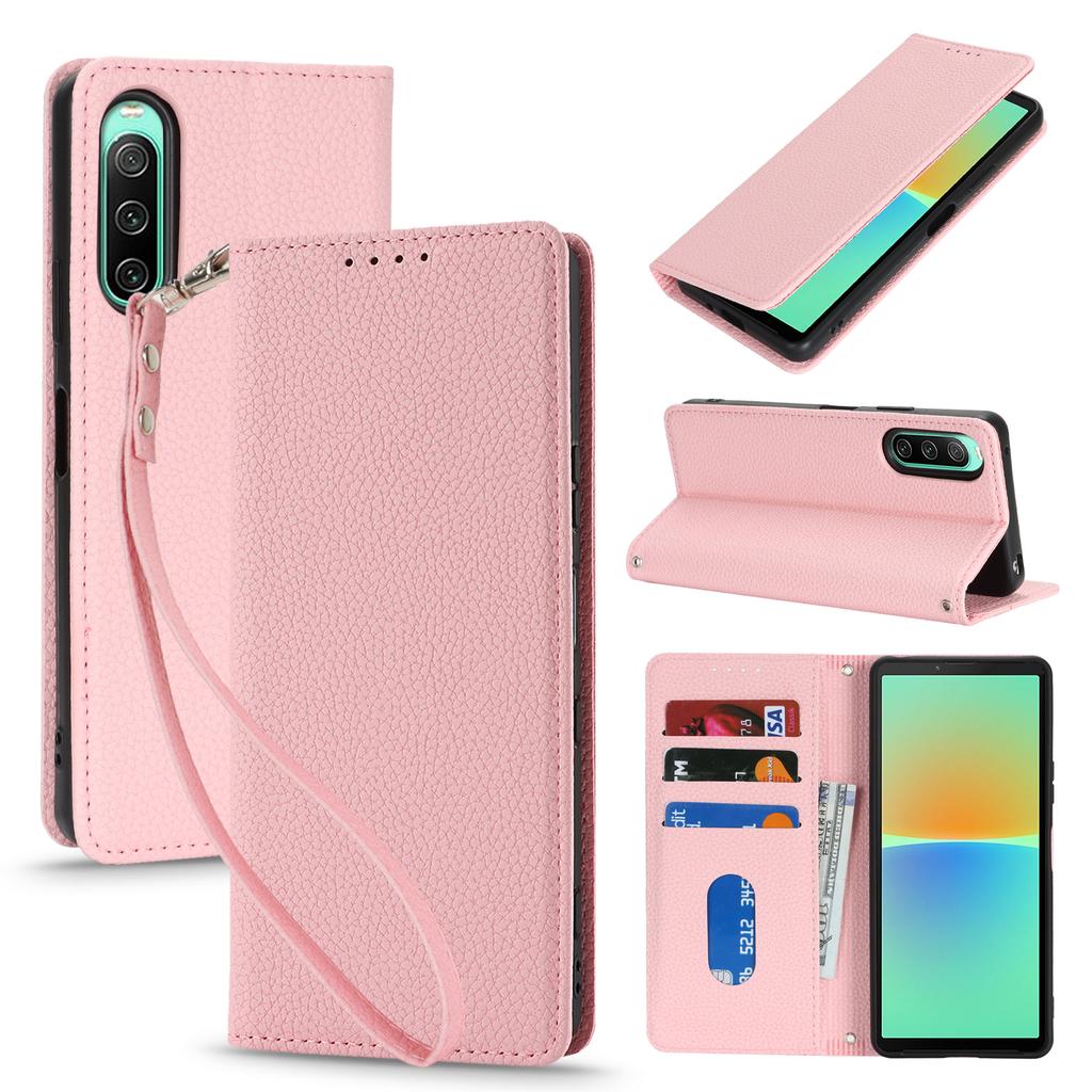 For Sony Xperia 10 IV 5G Case Stand Wallet Litchi Texture Leather Flip Phone Cover with Strap