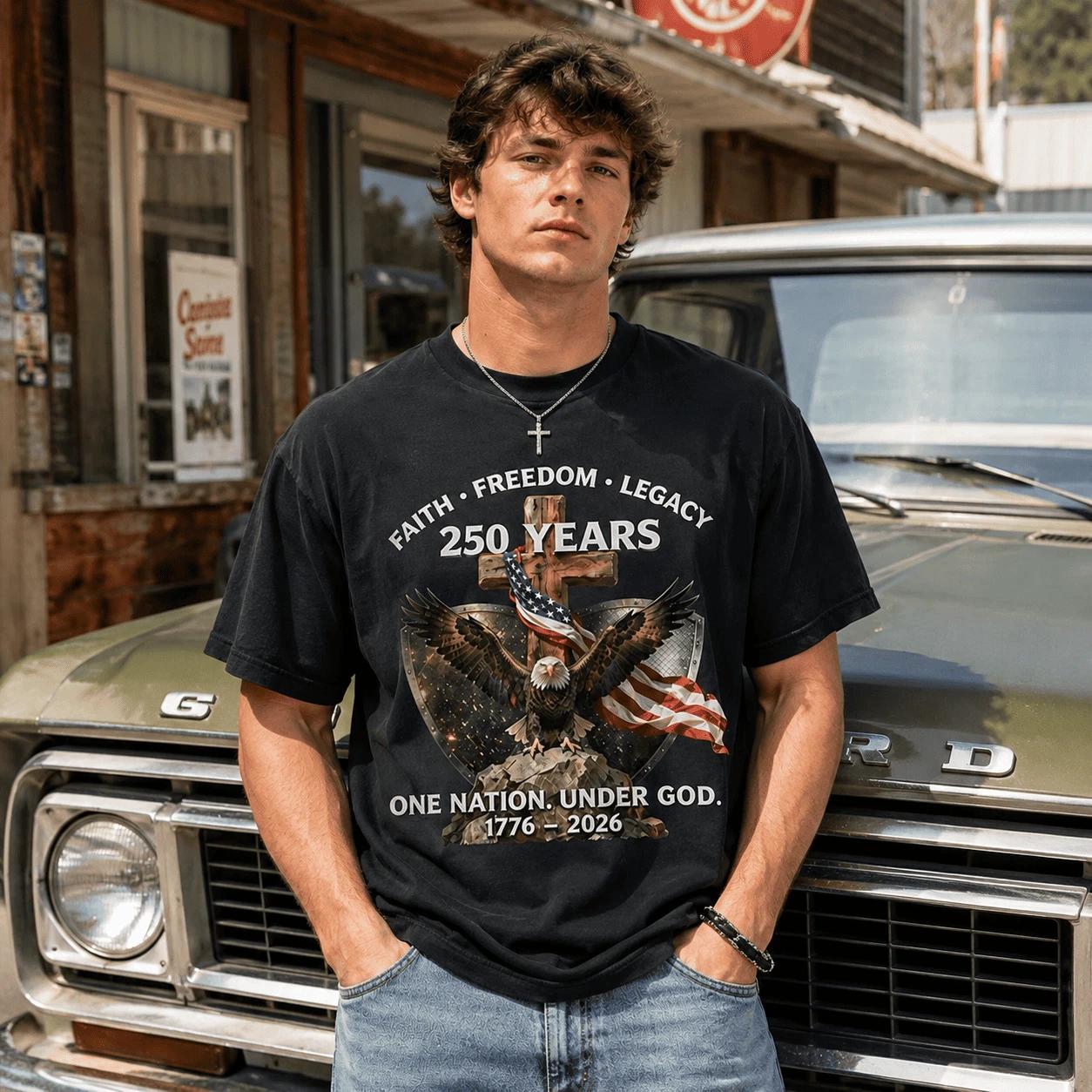 USA 250th Anniversary T Shirt 1776 2026 Faith Freedom Legacy Graphic Tee L