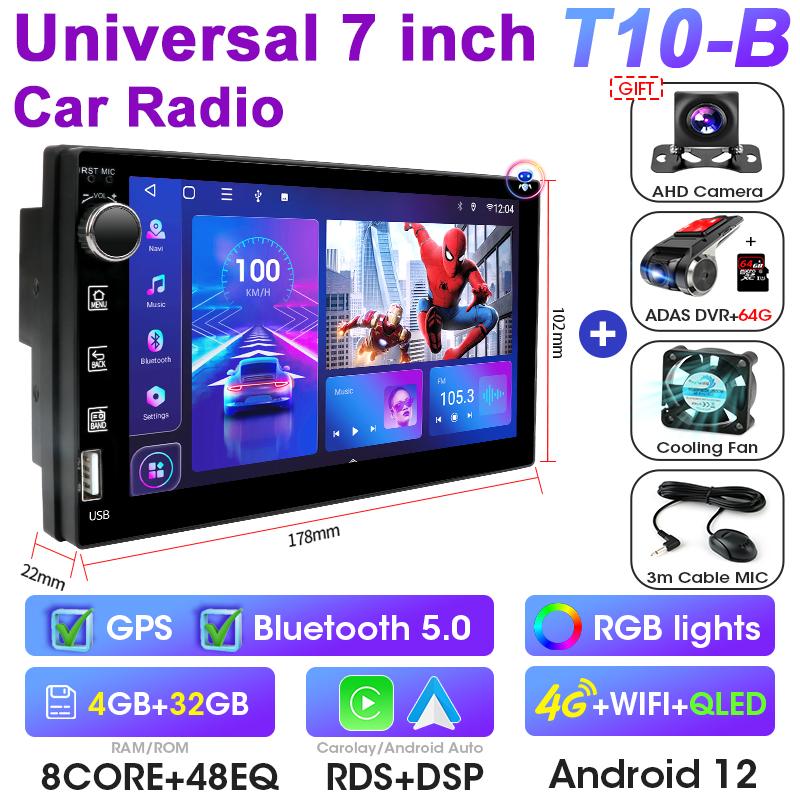 Universal 7 Inch 2 Din Android 12 Car Radio Multimedia Video Player For Nissan Kia Honda Toyota VW Ford Carplay Auto RDS DSP 4G