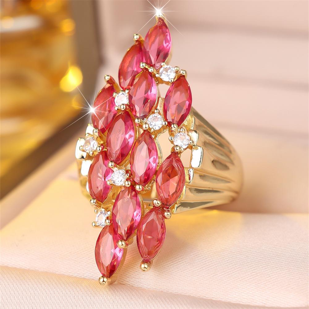 Geometric Marquise Stone Rose Red Crystal White Zircon Rings For Women Vintage Gold Color Engagement Bands Wedding Jewelry Gifts