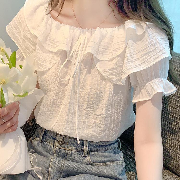 French Fashion Ruffle Edge Slim and Thin Design T-shirt Chic Niche Ins Bubble Sleeves Spice Girl Pure Desire Top