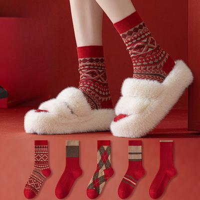 Female Autumn and Winter Thickened This Year New Year Cute Student Cartoon Tube Red Socks