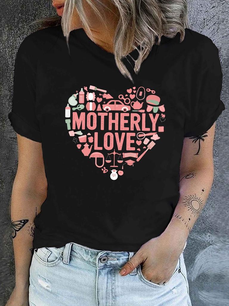 Casual Short-Sleeve T-Shirt with a Heart Design, Perfect for Spring And Summer, Featuring a Geometric Pattern for Women'S Fashion