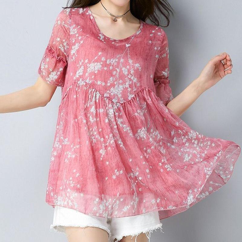 

Повседневная элегантная свободная шифоновая рубашка с расклешенными рукавами, лето, новая женская одежда, модный принт, круглый вырез, пуловеры, блузки 6XL 6XL розовый