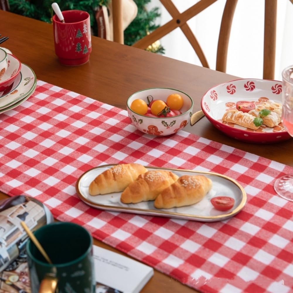 Home Linen Gingham Check Table Runner Cotton&Line Red Burgundy Checkered Table Runner Kitchen Dining Table Decoration Cover Perfect for Home Kitchen