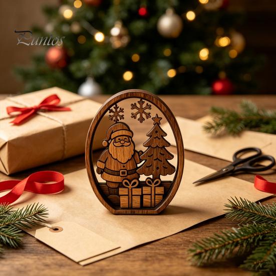 Holiday Desktop Decorations 3Pcs Christmas Santa Claus And Tree Ornaments, Wooden Oval Table Natural Wood Crafts Centerpiece, Solid Ornament for Home
