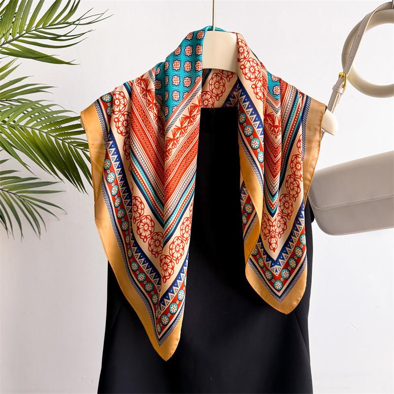 New European American Retro 70cm Small Square Scarf Simulated Silk Spring Summer Printed Professional