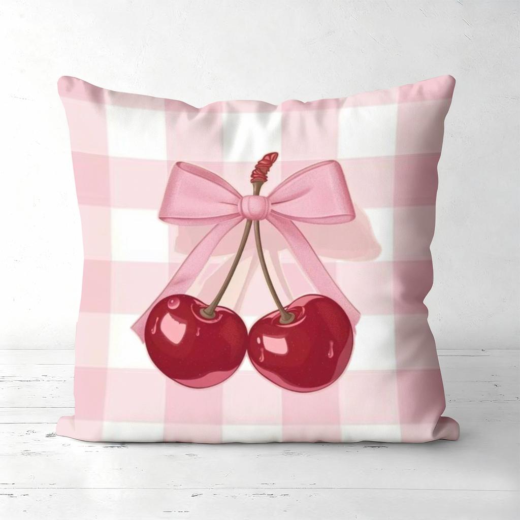 Pink Cherry Pillows With Bows Heart Pattern Polyester Pillowcase, Sofa Decorative Cushion Cov Headboard Pillow