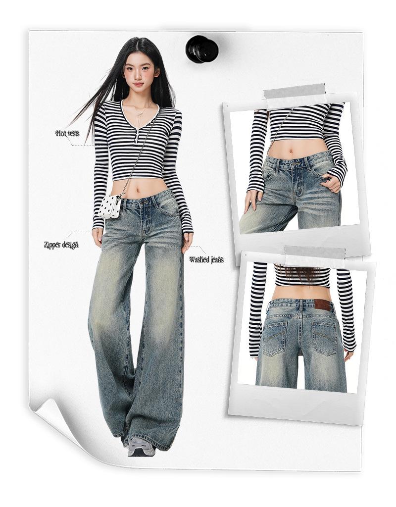 Low-rise, slimming, loose, wide-leg, slightly flared bell-bottom jeans for girls and women, perfect for spring.