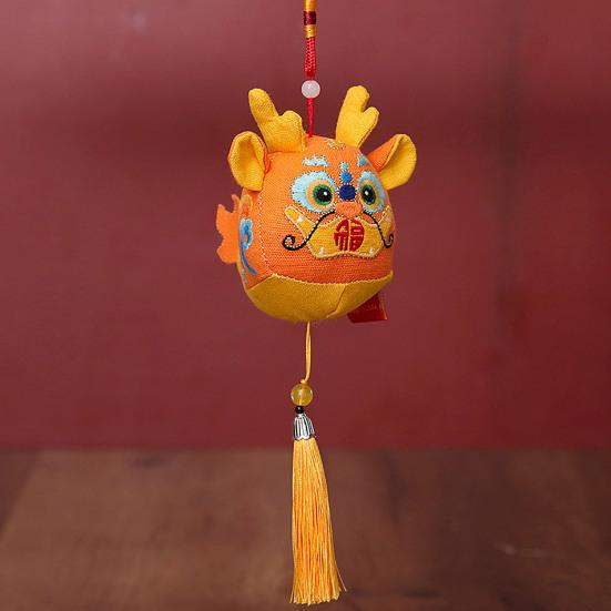 Cute Zodiac Dragon Plush Pendant with Tassel Folk Art Embroidery Pattern Stuffed Animal Mascot