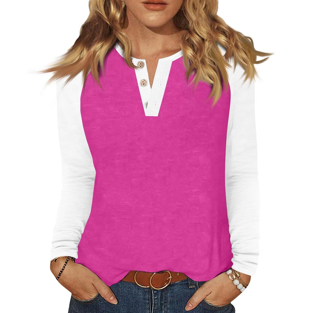 Women's T Shirt Color Block Button Long Sleeve Daily Weekend Fashion Basic V- Neck Regular Top