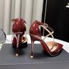 Cross strap stiletto sexy high heels women's 2025 spring and summer new one-word buckle burgundy hollow sandals