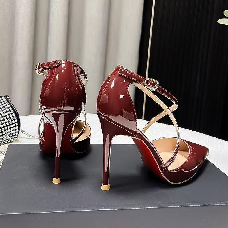 Cross strap stiletto sexy high heels women's 2025 spring and summer new one-word buckle burgundy hollow sandals