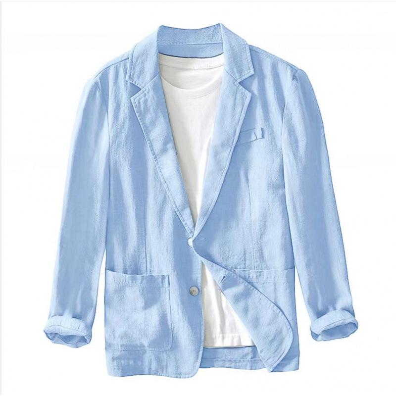 Casaco de fato masculino casual de algodão e linho de cor sólida de camada única