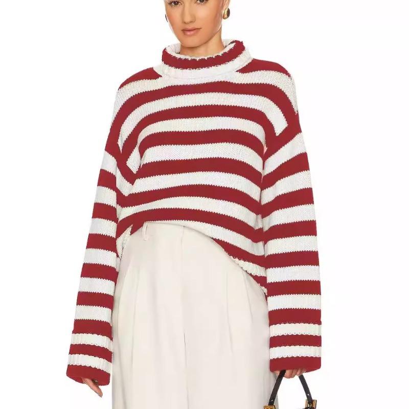 Comfortable Versatile Fashion High Neck Knitted Sweater Female Fall and Winter Loose Striped Long-sleeved Knit Sweater Sweater Coat Female