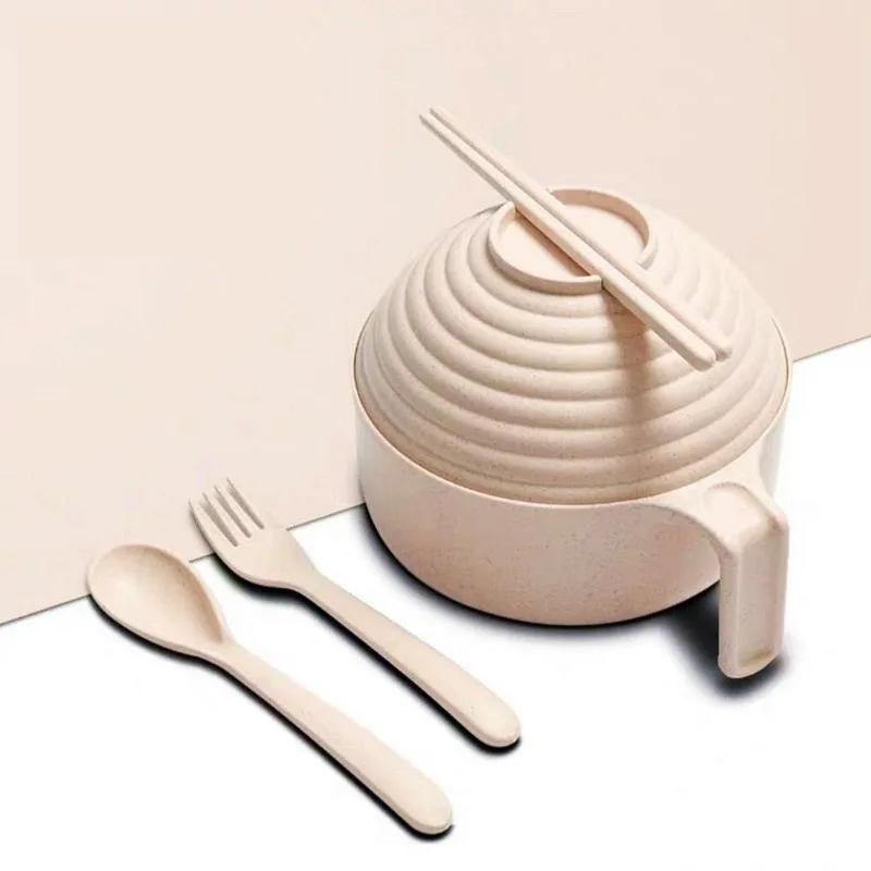 

Набор мисок для лапши быстрого приготовления, 5 предметов, набор столовых приборов из пшеничной соломы с крышкой, миской, ложкой, вилкой, палочками для еды, переносные миски большой емкости для рамэна белый