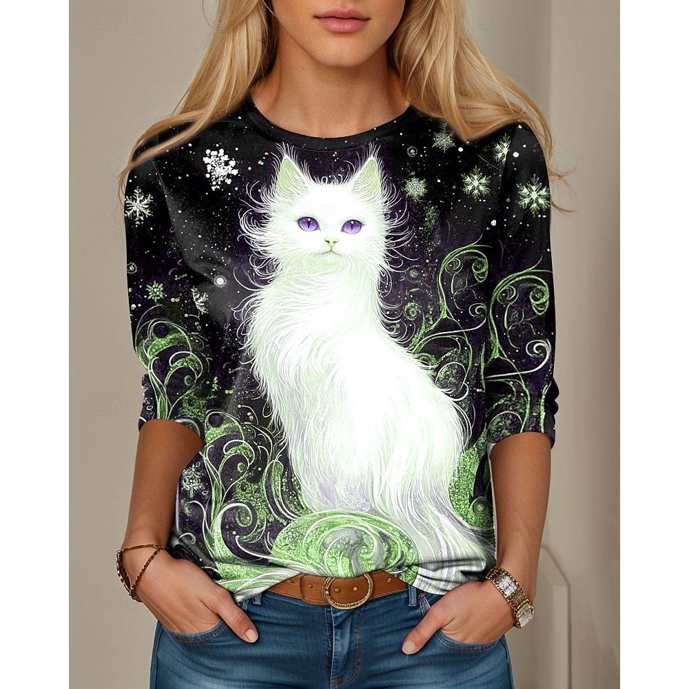 Women's T-shirt Casual Long Sleeve Tops Animal Cat Graphic Tees Shirt Blouse O-neck Fall Winter Streetwear Style Pullover