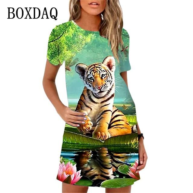 New Fashion Cute Cartoon Women's Dresses Summer Short-sleeved Casual Animal 3D Digital Printing Dress