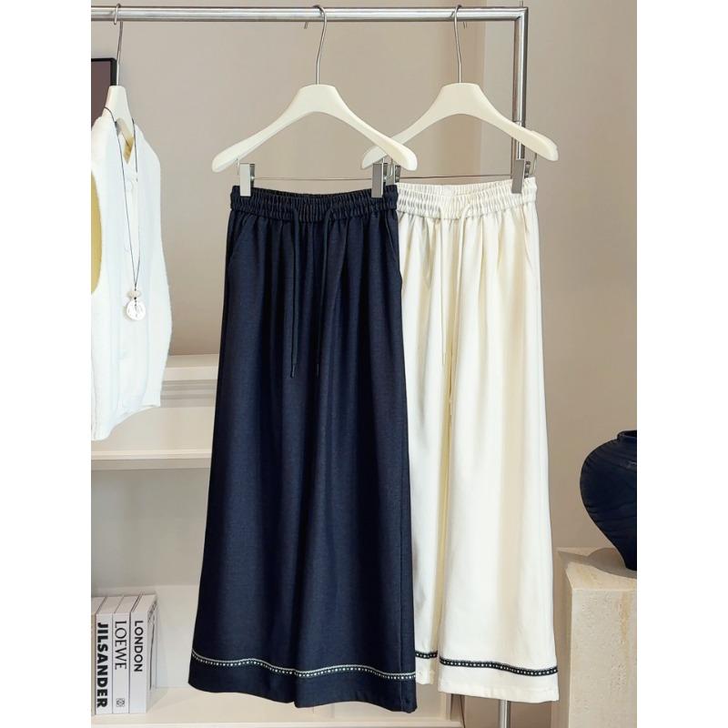 

Осень новый темно-синий имитация денима кулиска эластичная талия дизайн кружевная вставка универсальные повседневные брюки женские L темно-синий