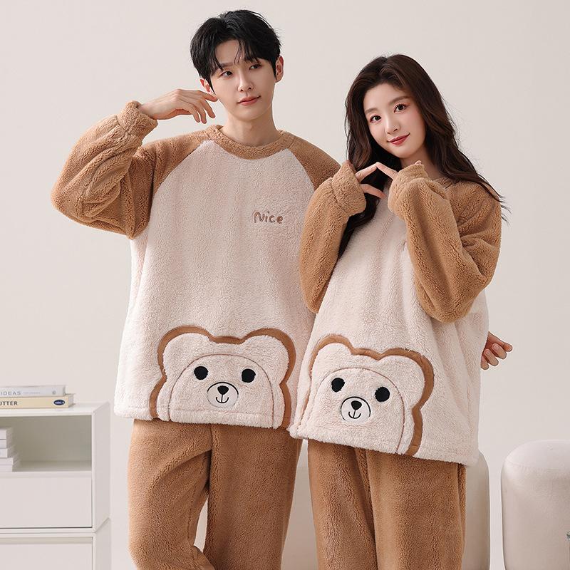 Snowflake Fleece Couple Pajamas Winter Women'S Fleece Thickened Autumn And Winter Coral Fleece Men'S Loungewear Set