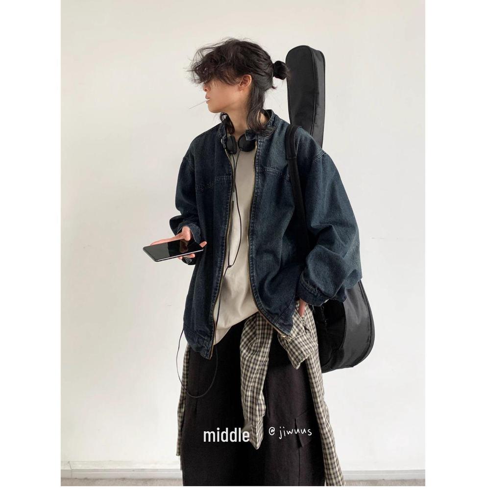 Pánská japonská retro distressed džínová bunda na jaro a podzim - Ležérní, volný střih pro páry