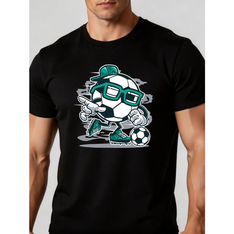 

European sizes Men s Retro Funny T-Shirt - Soccer Ball with Glasses & Hat Graphic, Breathable Soft Lightweight Short Sleeve Round Neck Casual Top S чёрный