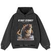 Streetwear Godzilla Graphic Side Pockets Pullover Unisex Oversized Washed Black Hoodie