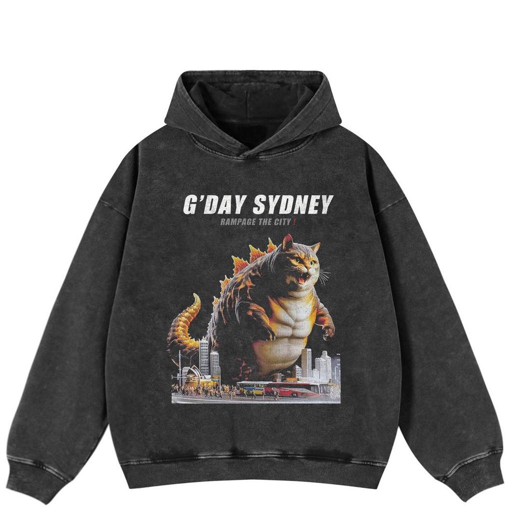 Streetwear Godzilla Graphic Side Pockets Pullover Unisex Oversized Washed Black Hoodie