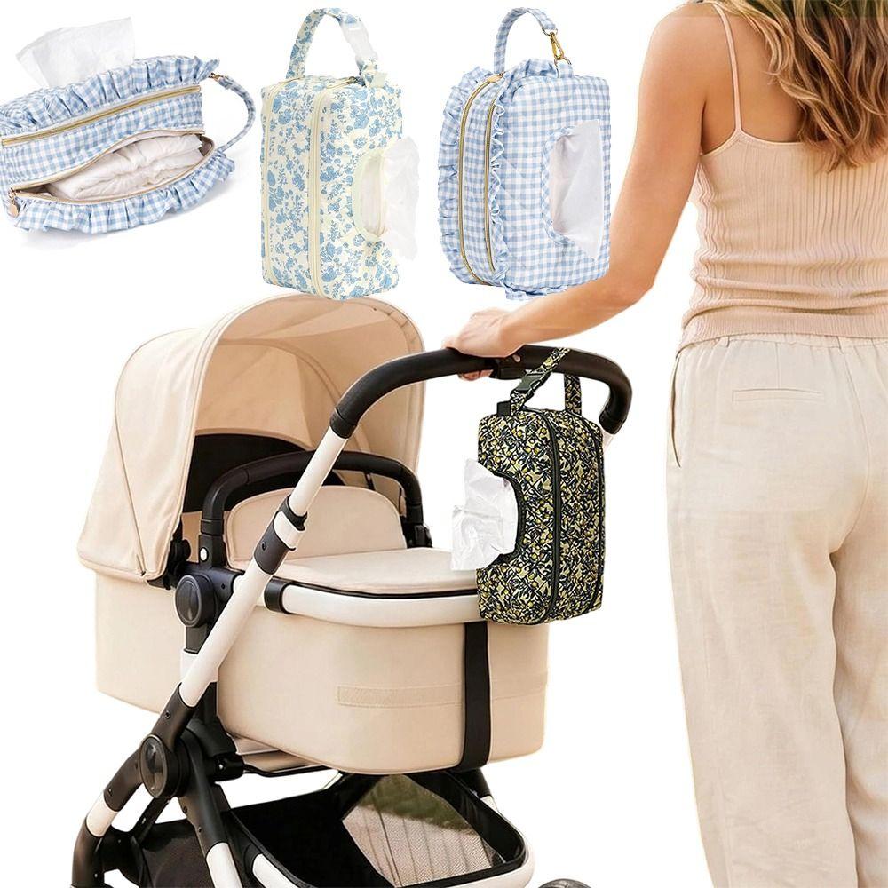 Polyester Baby Wipes Bag Carry Handle Ruffle Trim Wipes Storage Bag Gingham Floral Pattern Tissue Dispensing Opening