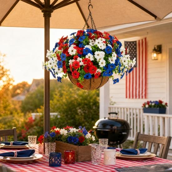 Artificial Outdoor Flower with Hanging Baskets, Red White Blue Fake Flower Planter, Patriotic Decor for 4th of July, Porch Garden