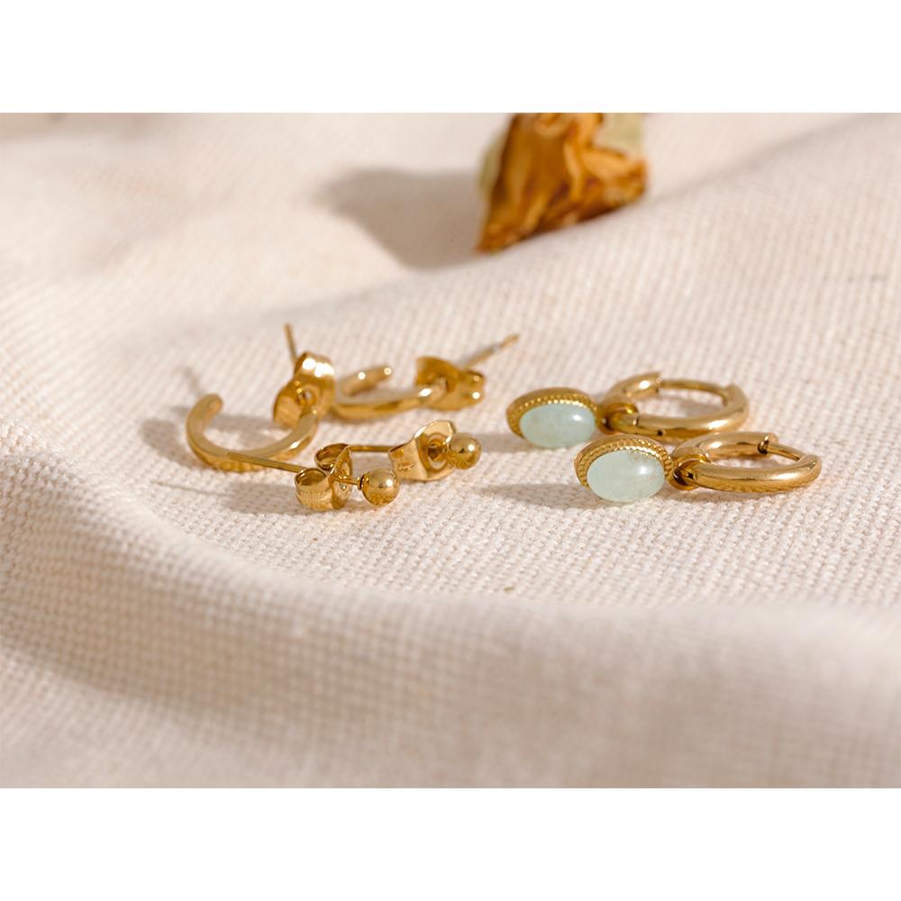 Yhpup 1 Set Fashion Natural Stone Drop Stainless Steel C Shape Geometric Stud Earrings Set Women Golden Chic Jewelry Gala Gift