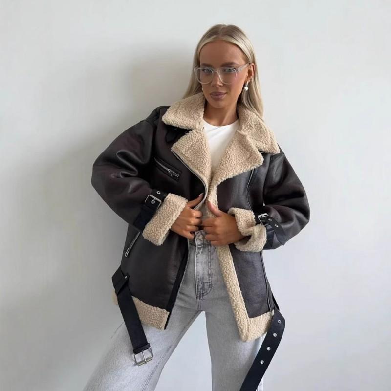 Damen Kunstleder Motorradjacke Mit Pelzkragen Winter Warm Übergroßer Mantel