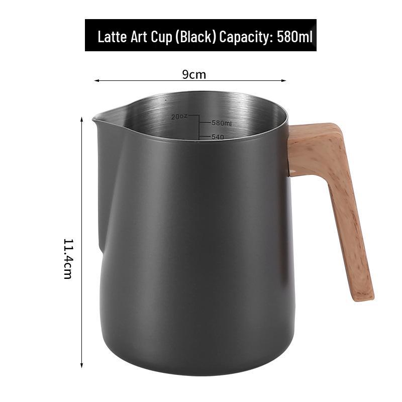 Wood Grain Handle Latte Art Cup, 304 Stainless Steel with Scale, Milk Frothing Pitcher