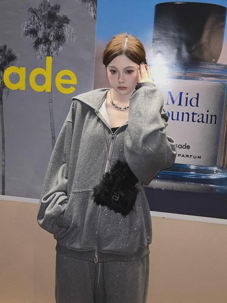 Women's Korean-Style Autumn Sporty Tracksuit: Casual Loose Cardigan Sweatshirt & Petite Sweatpants Two-Piece Set