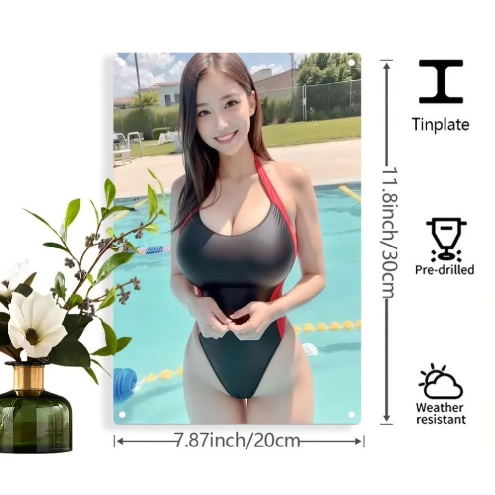 Metal Art Red Black Bikini Girl Pool Wall Decor Weatherproof Outdoor Indoor