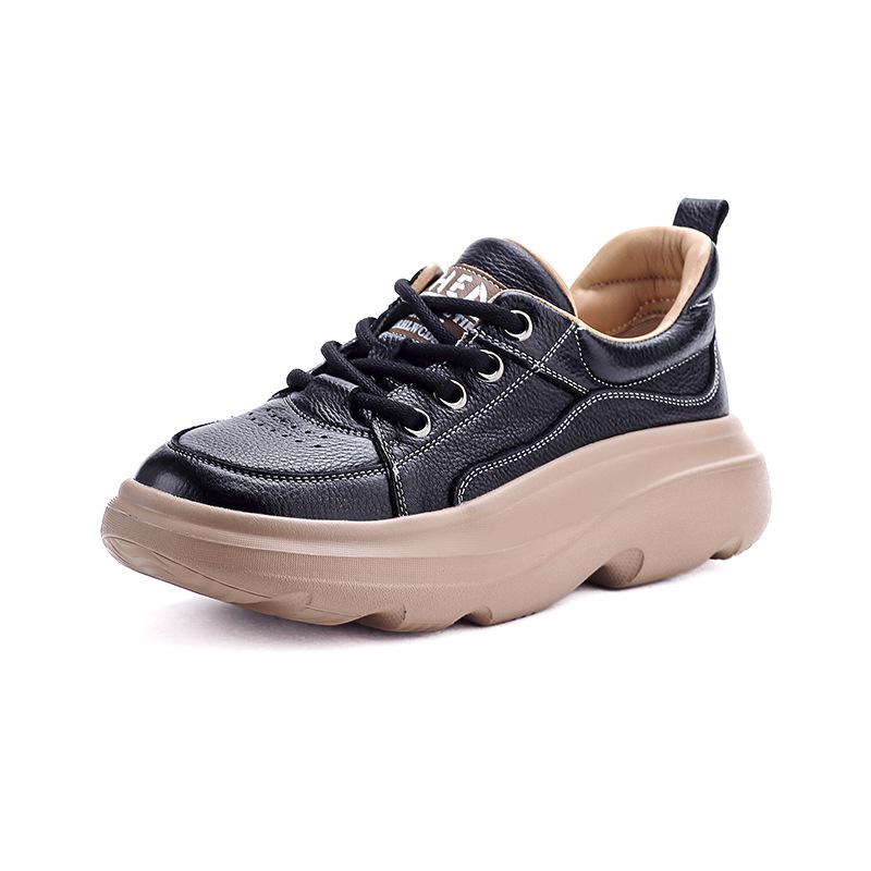 Women's Genuine Leather Retro Lace-Up Sneakers with Thick Soles - Spring Casual Cowhide Loafers