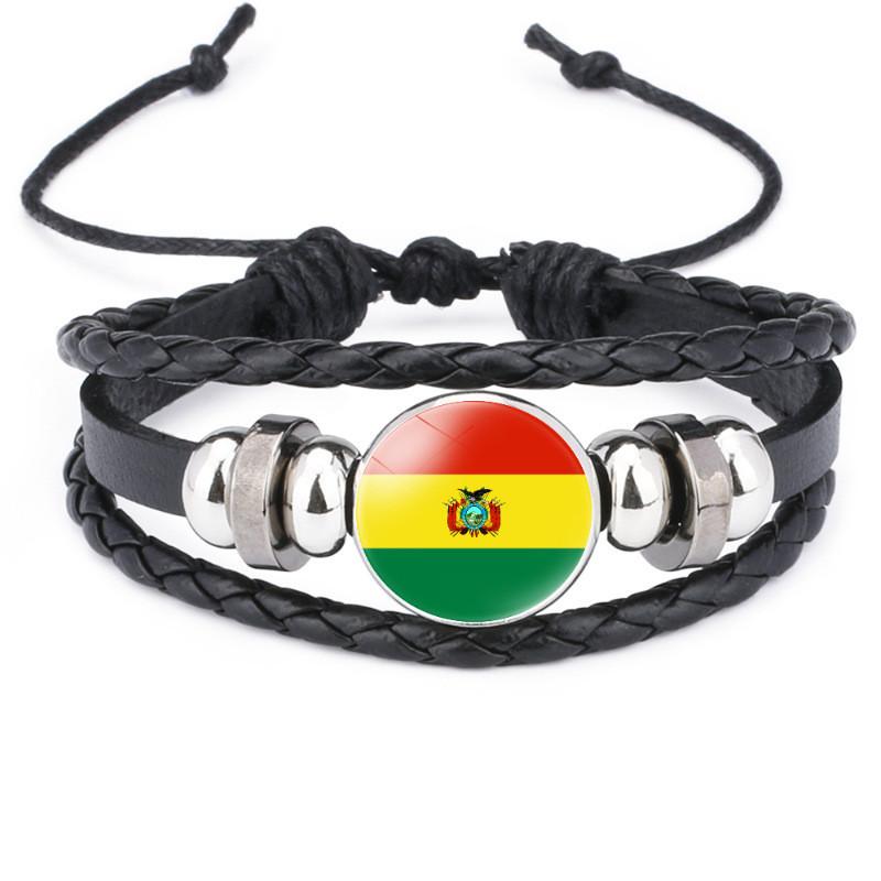 Unique South American Flag Time Gem Black Leather Multilayer Braided Bracelet