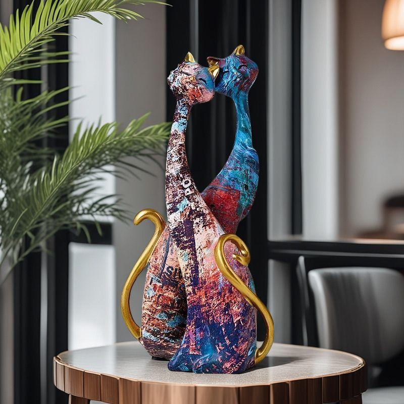 Oil Painting Couple Cat Figuirnes Decoration Home room Desktop Statue Ornaments Items Villa Club Sculpture Accessories Crafts