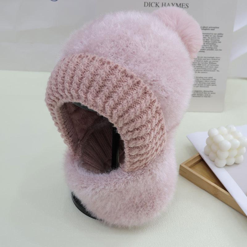 Plush Thread Warm Scarf One-piece Hat Women's Winter Pullover Ear Protection Neck Cover One-piece Knitted Hat Ski Cap