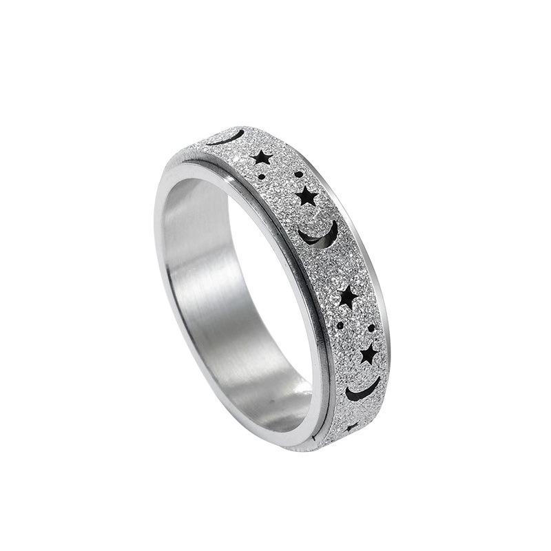 

Rotating Stainless Steel Star And Moon Ring, With A Hollow Frosted Design That Is Simple, Fashionable, And Versatile. Handmade Accessory 10 срібний