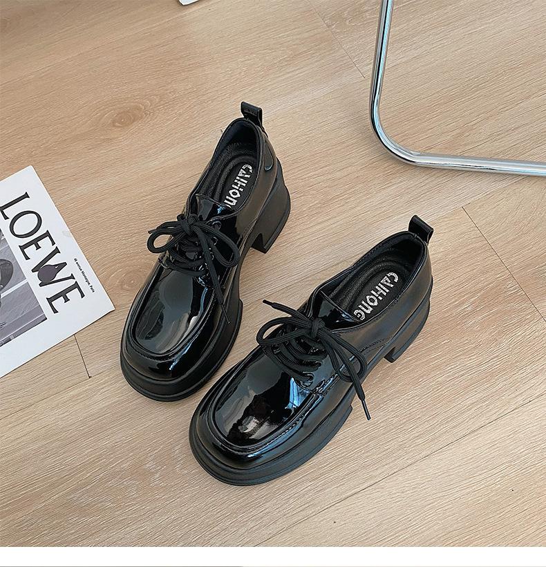 

Черные толстые подошвы мокасины женские кожаные туфли в британском стиле 2025 новые весенне-осенние туфли Мэри Джейн с круглым носком женские туфли на высоком каблуке 38 чёрный